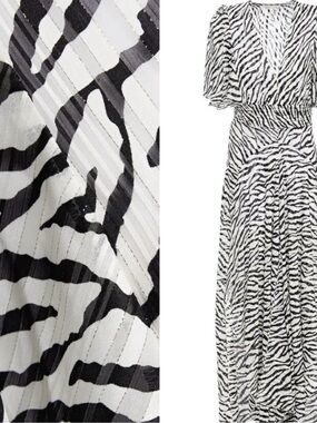 NWT $445 Maje Metallic Rachelle Shirred Zebra-Print Jacquard Maxi Dress 40